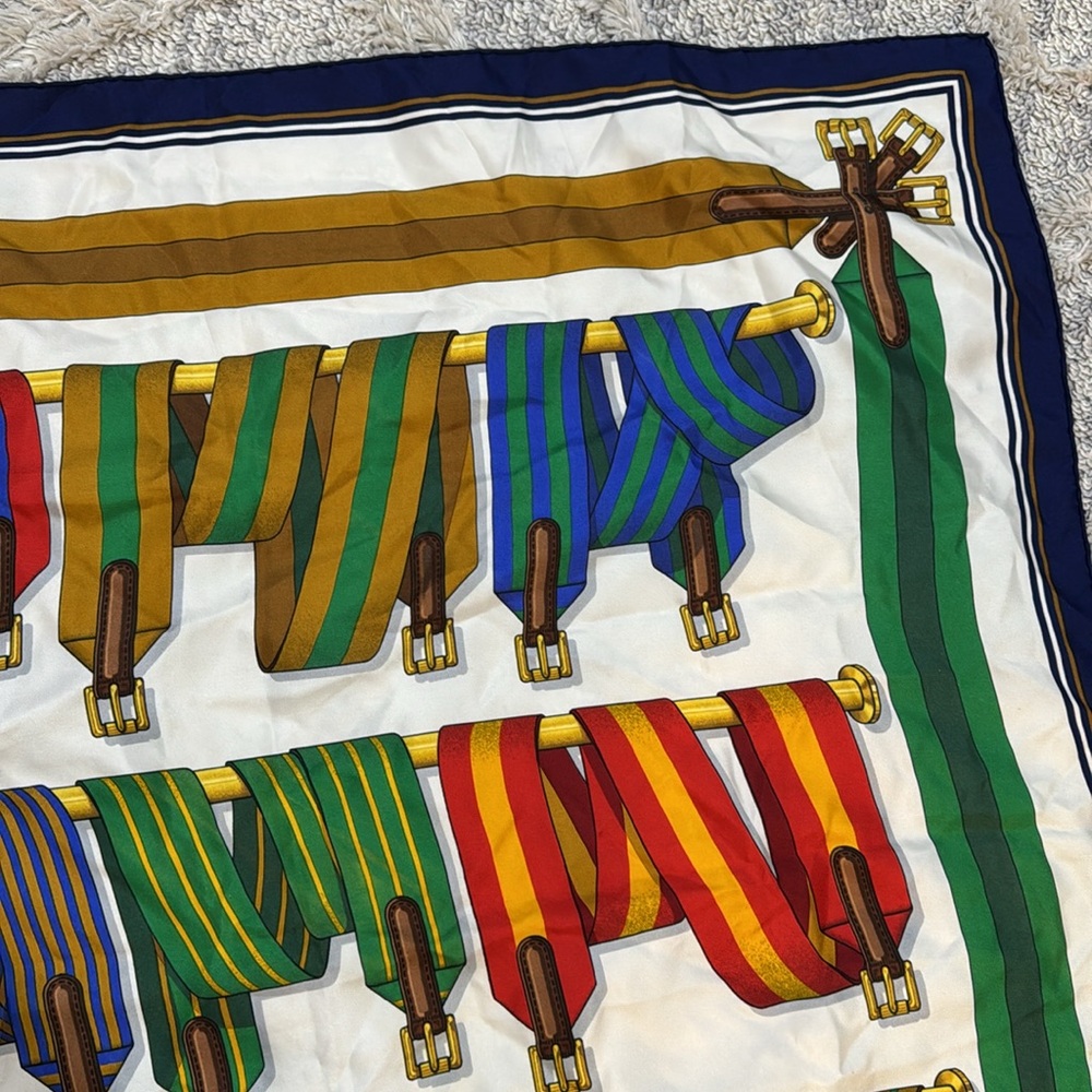 Hermes Multicolor Silk Scarf with Navy, Green, Gold and Red Accents - Picture 4 of 12